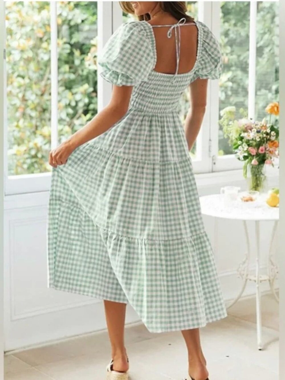 ZESICA Green Gingham Midi Dress 2XL Boho Puff Sleeve Smocked Square Neck Cottage